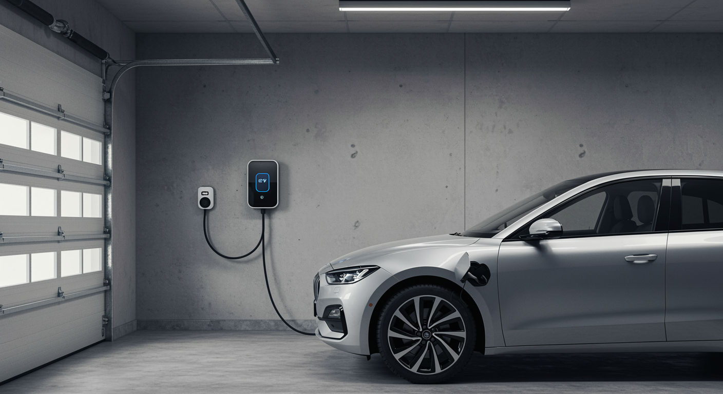 EV charger professionally installed in a modern garage next to an electric vehicle